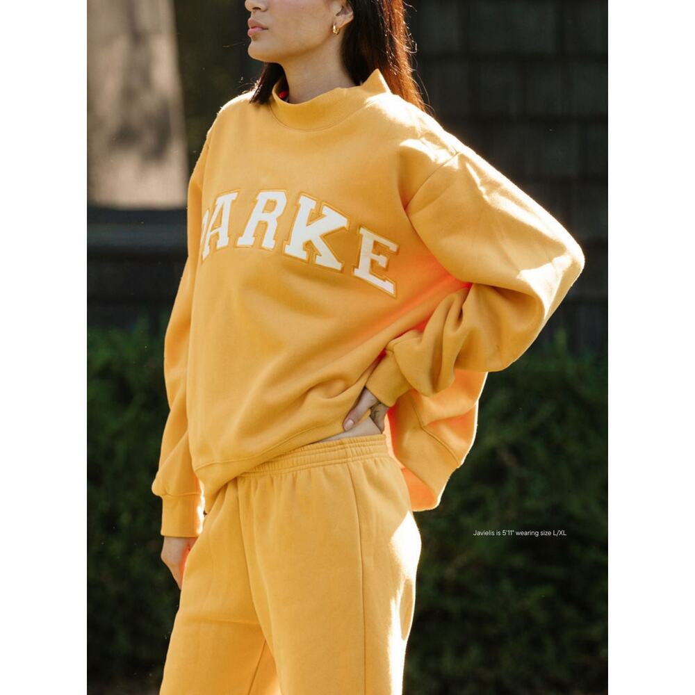 NEW PARKE Hometown Varsity Mockneck Sweatshirt Apricot White Oversized Cozy - Picture 2 of 11